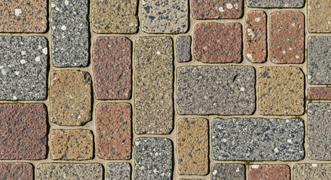 Top-down view of rectangular cobblestone pavers in various shades of red, gray, and tan, neatly arranged in a patio or walkway pattern.