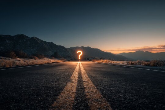 A questionmark icon glowing at the end of a road leading into the distance, sunrise lighting