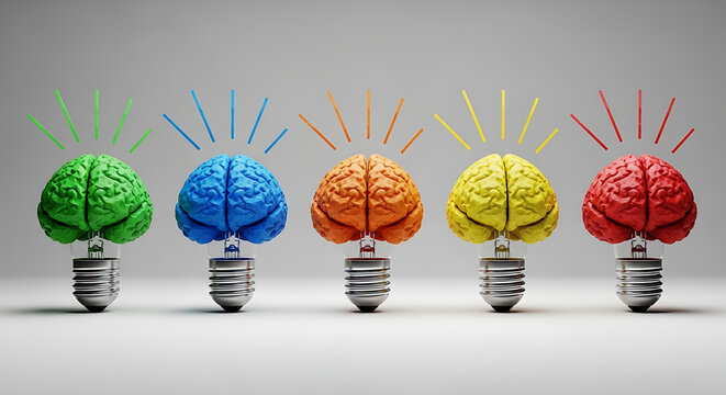 colorful brain lightbulbs representing creativity and innovation