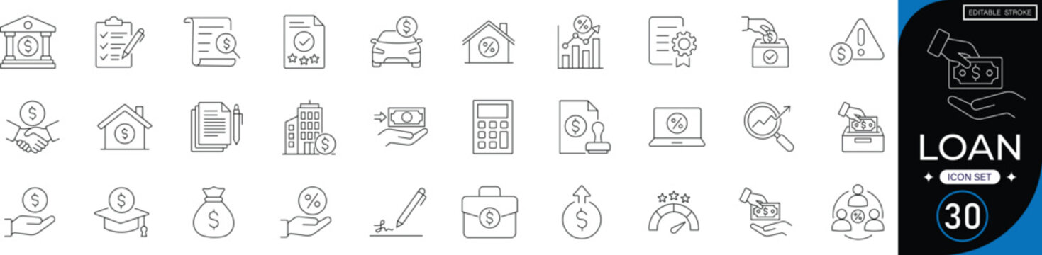 Loan icon set featuring money, bank, calculator, interest, document, house, car, percent, credit card, agreement, and calendar. editable stroke vector set.