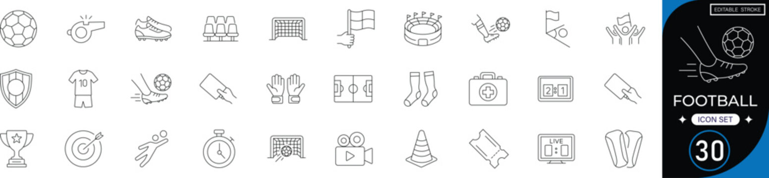Football icon set featuring soccer ball, jersey, shoes, whistle, goal, trophy, stadium, referee cards, corner flag, strategy and scoreboard. editable stroke vector set.