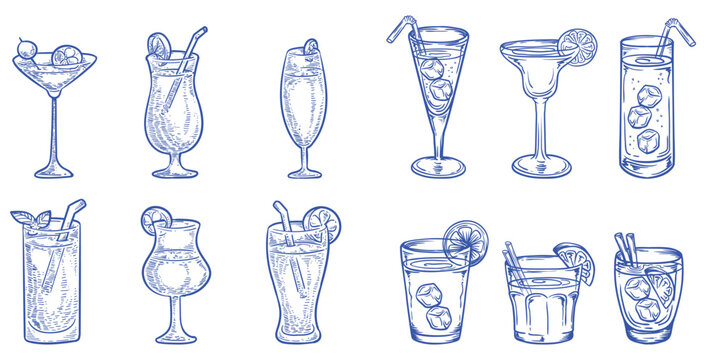 Cocktail drinks hand drawn sketch collection