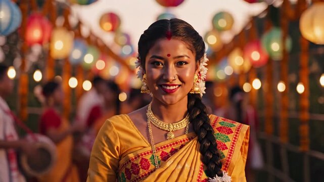 A beautiful assamese woman smiles in traditional yellow attire, celebrating rongali bihu amidst festive lanterns.