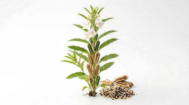 Sesame plant (Sesamum indicum) with blooming flowers, seed pods, and harvested black and white sesame seeds isolated on white.