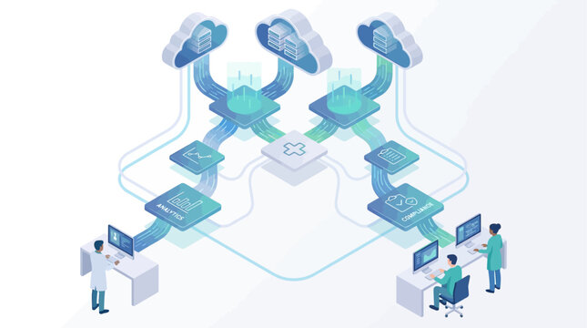 Isometric Healthcare Cloud Computing Platform with Medical Data Analytics, Doctors Using SaaS Technology for Patient Care and Hospital Digital Transformation