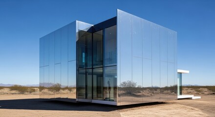 Fototapeta premium Striking Contemporary Cube-Shaped Dwelling of Polished Steel and Glass in a Desert Landscape
