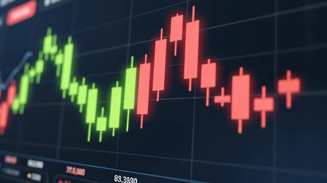 Stock market graph shows fluctuating trend with green and red candlesticks.