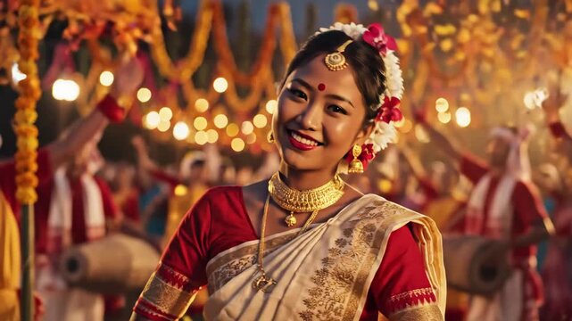 Joyful young assamese woman in traditional attire smiles brightly during the vibrant rongali bihu festival.