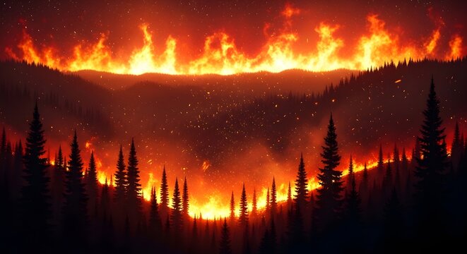 A wildfire burns through a forest at night with flames engulfing trees on a hillside under a dark sky with embers flying through the air.