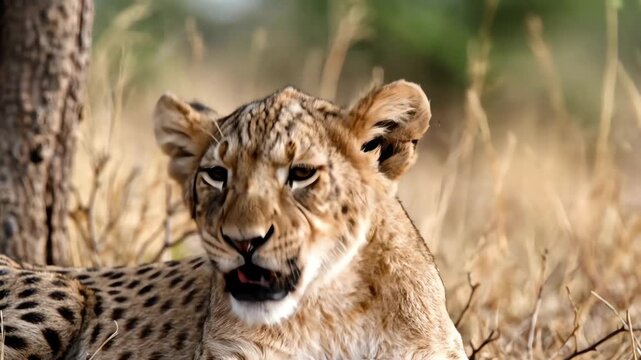 Lion Cub Displaying Flehmen Response in Dry African Grasslands