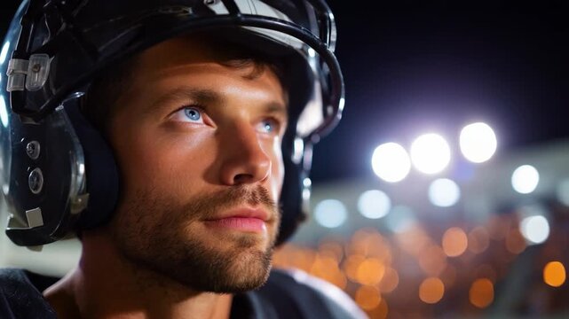 Close up of determined football player looking up at stadium lights during game night