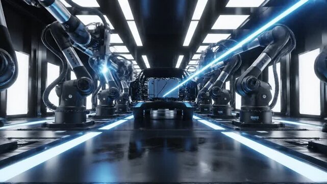 Robotic arms assemble a car in a futuristic factory with blue lights and machinery