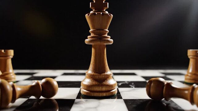 Majestic wooden chess king piece standing victoriously on a checkered board among fallen opponent pawns representing successful corporate leadership strategy and tactical business triumph.