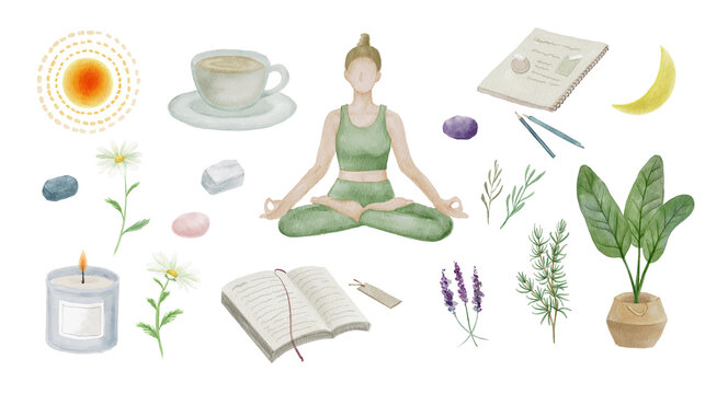 Ultimate Mindfulness and Self-Care Watercolor Bundle: Large Collection of Meditation Yoga, Herbal Tea, Moon Phases, Crystals, Journaling, and Candles -300dpi-