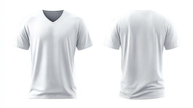 Front and back view of a blank white v neck t shirt isolated on white