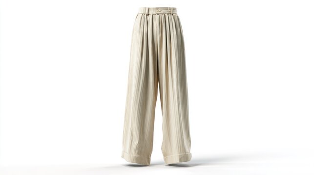 Elegant beige wide leg pants on a white backdrop for fashion design