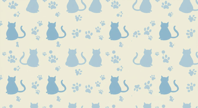 A simple and clean repetitive pattern of sitting blue cat silhouettes and tiny paw prints on a light beige background