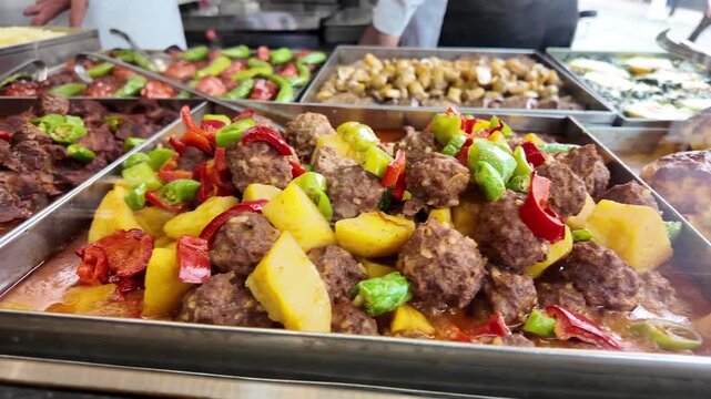 Turkish meatballs and vegetable stew served in traditional cafeteria restaurant display