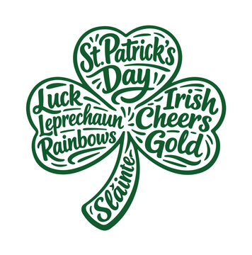 Festive green shamrock illustration featuring charming hand-lettered typography with popular St. Patrick's Day words like luck, leprechaun, rainbows, Irish, cheers, and gold.