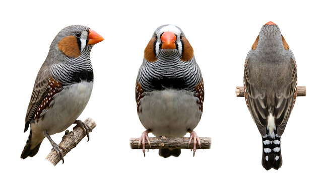 Male Zebra Finch composite showing profile, front, and back views perched on branches.