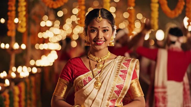 Joyful assamese woman in traditional attire celebrates rongali bihu with warm festive lights and bokeh.