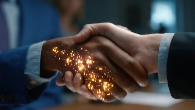 Close up of two businessmen in suits shaking hands with a magical sparkling effect on one hand, symbolizing a successful and powerful business deal or partnership