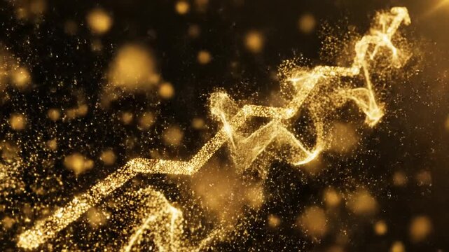 Golden DNA helix structure shines brightly in dark space with particles