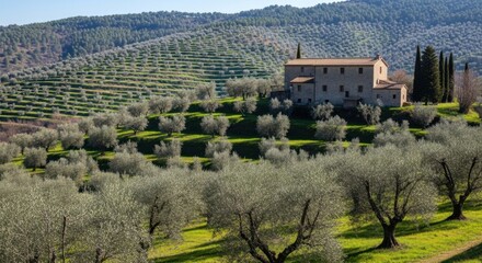 Naklejka premium Tuscan Villa Surrounded By Terraced Olive Groves And Rolling Hills