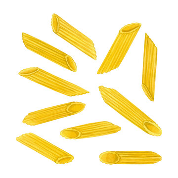Watercolor penne rigate pasta illustration. Hand drawn italian macaroni isolated on white background. Used for restaurant menu design, kitchen decor, food packaging, organic branding, and culinary blo