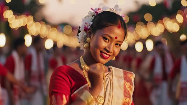 A vibrant close-up captures a smiling assamese woman celebrating rongali bihu, or bohag bihu, amidst warm festival lights.