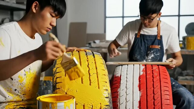 Young artisan paints colorful upcycled tire furniture, reflecting International Youth Day's spirit and a sustainable Global Youth Future through creative DIY.