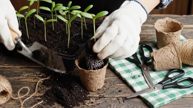 A person in gloves planting young seedlings into peat pots