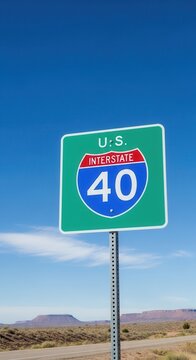 U.S. Interstate 40 Sign Amidst Vast Arid Landscape Under Clear Blue Sky