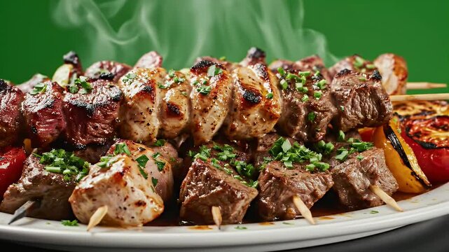 Delicious Kebab Platter With Grilled Meat And Vegetables Slow Motion Food Commercial With Soft Lighting And Green Background