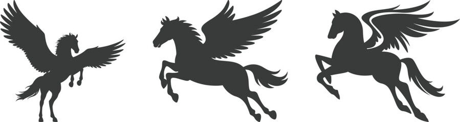 Fototapeta premium Winged horse icon set featuring Pegasus and unicorn designs in various poses. Black and gray vector shapes ideal for logos, fantasy themes, tattoos, and decorative artwork.