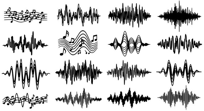 Sound waves vector set with musical notes and various line patterns, black and white audio waveforms.