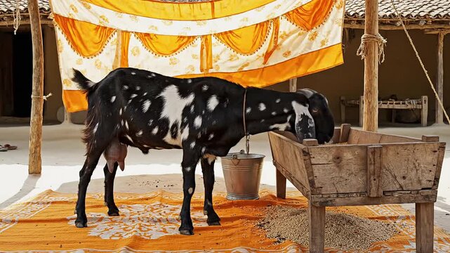 Spotted indian goat feeding in a village, ready for the important bakrid eid al-adha festival in india.