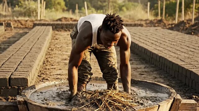 A young man vigorously mixes mud and straw for traditional brick making, his labor building a global youth future, reflecting the spirit of International Youth Day.