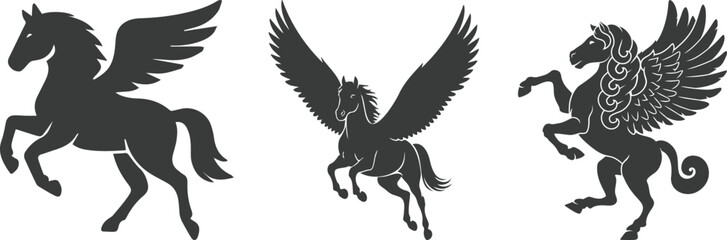 Obraz premium Winged horse icon set featuring Pegasus and unicorn designs in various poses. Black and gray vector shapes ideal for logos, fantasy themes, tattoos, and decorative artwork.