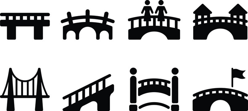Bridge icons collection, architectural crossing structures set, suspension arch pedestrian symbols, infrastructure illustration, isolated vector transport connection design elements