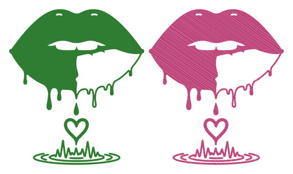Two stylized lips with dripping paint forming hearts above abstract soundwaves