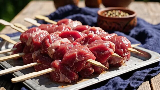 Uncooked raw mutton cubes on skewers arranged on a metal tray outdoors, ready for a traditional bakrid eid al-adha feast in india.