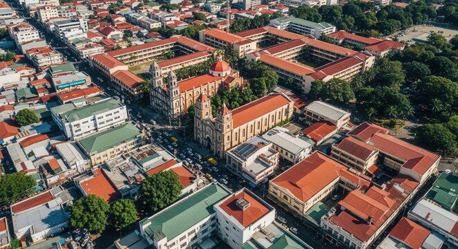 Urban Aerial View Of A Spanish Colonial Cityscape With A Prominent Cathedral And School Buildings