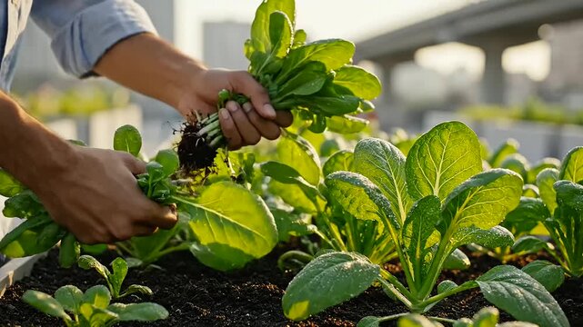 Hands gathering fresh greens in a vibrant urban garden, symbolizing a hopeful Global Youth Future and sustainable food practices relevant to International Youth Day.