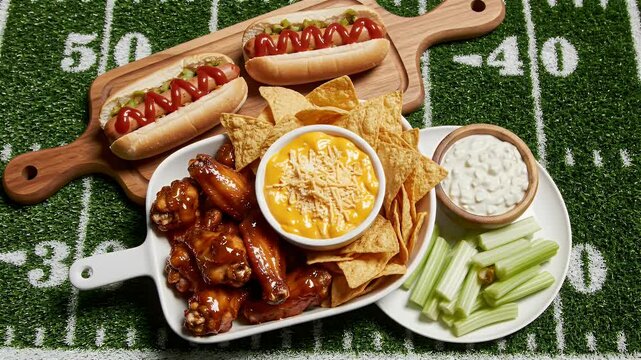 Football game day snacks hot dogs wings nachos dip