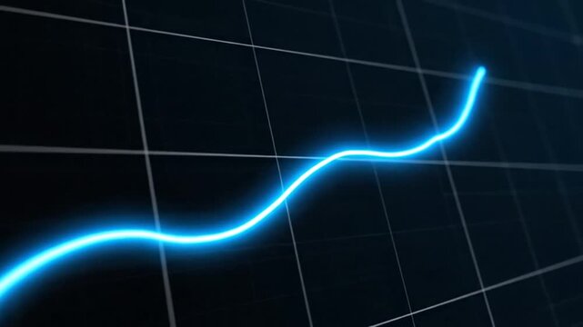 A glowing blue line graph rises on a dark grid background with squares.