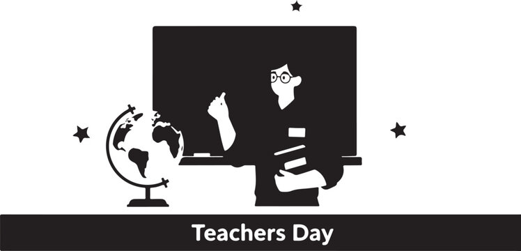 A minimalist black and white graphic illustration featuring a teacher standing at a blackboard