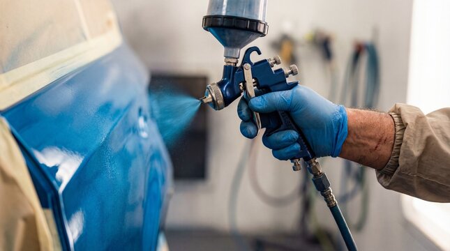 Professional auto painter spraying blue automotive paint onto a car panel with a spray gun and gloved hand in a paint booth. Specialist refinishing work in an automotive refinishing workshop and auto