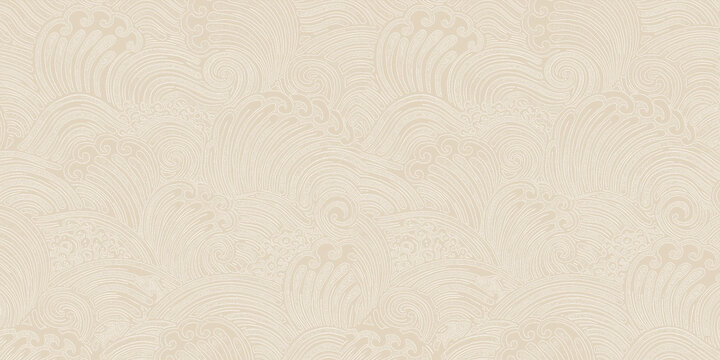 Elegant beige seamless wave pattern with ornate swirling lines and embossed decorative texture,