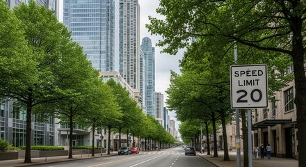 Fototapeta premium Urban Avenue Lined With Trees And Skyscrapers